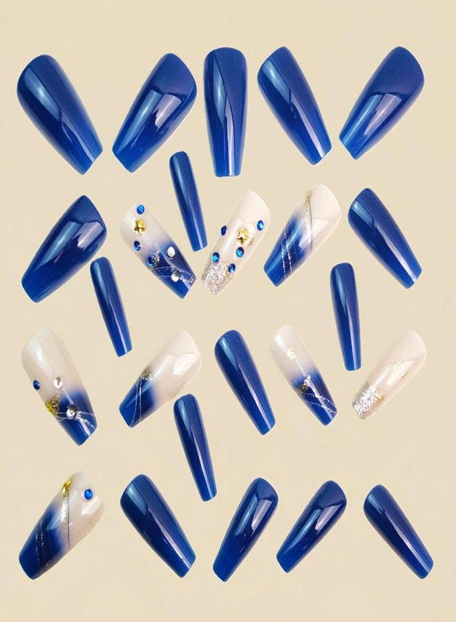 OCOUYVD Press on Nails Long Coffin Navy Blue with Glitter Rhinestones | 24PCS Reusable Glossy Fake Nails |trendy French Tip Ombre Design | False Nails Party Wedding Manicure Kit for Women Girls - Image 4